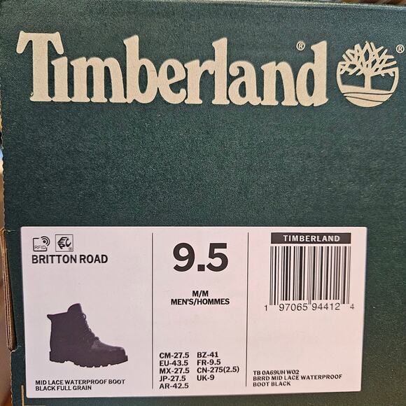 TIMBERLAND MEN\'S 9.5 BRITTON ROAD MID LACE UP WATERPROOF FULL GRAIN BOOT BLK NIB